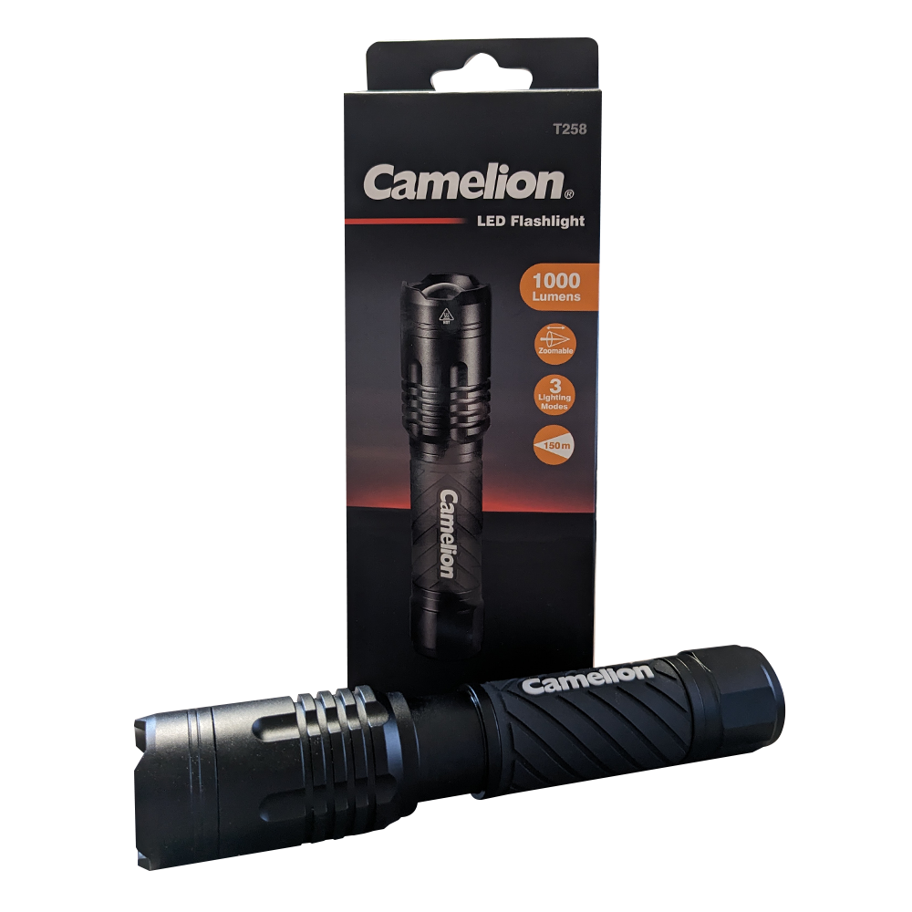 Camelion T258 1000LM LED Flashlight showcasing its durable aluminum body and adjustable focus beam.